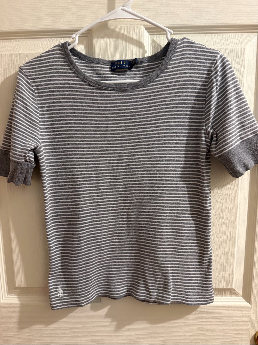 Ralph Lauren Gray and White Striped Short Sleeve Top